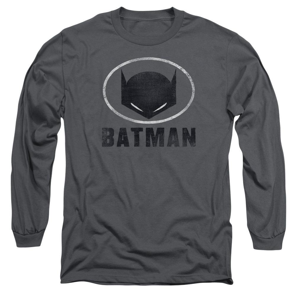 AN OFFCIALLY LICENSED BATMAN MASK IN OVAL MEN'S LONG SLEEVE T-SHIRT CHARCOAL