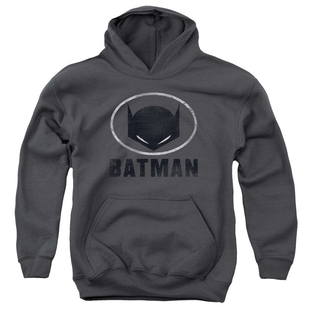 AN OFFCIALLY LICENSED BATMAN MASK IN OVAL YOUTH HOODIE CHARCOAL