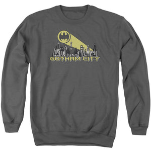 AN OFFCIALLY LICENSED BATMAN GOTHAM SKYLINE ADULT UNISEX CREWNECK SWEATSHIRT CHARCOAL