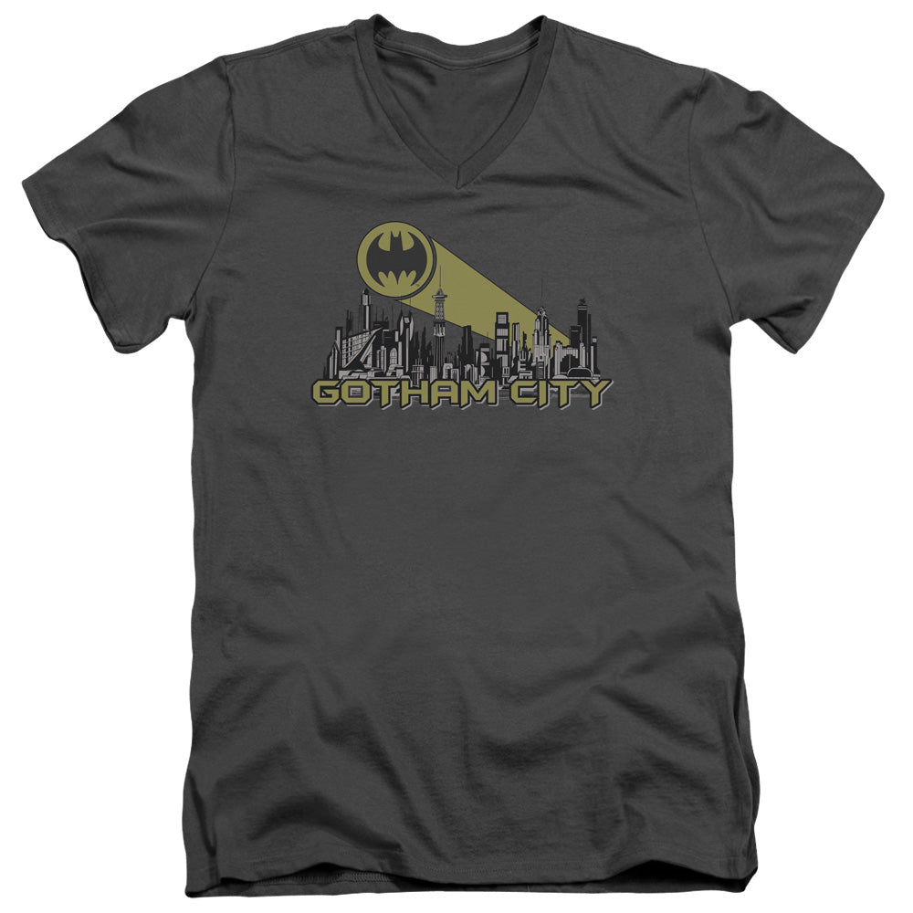 AN OFFCIALLY LICENSED BATMAN GOTHAM SKYLINE MEN'S V-NECK T-SHIRT CHARCOAL