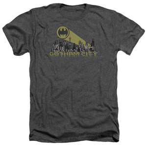 AN OFFCIALLY LICENSED BATMAN GOTHAM SKYLINE MEN'S HEATHER T-SHIRT CHARCOAL