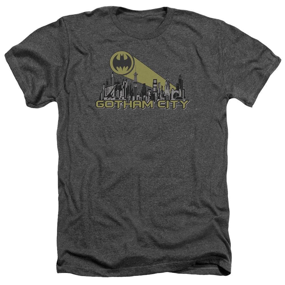 AN OFFCIALLY LICENSED BATMAN GOTHAM SKYLINE MEN'S HEATHER T-SHIRT CHARCOAL