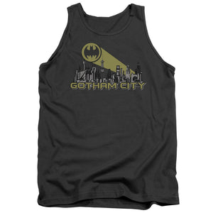 AN OFFCIALLY LICENSED BATMAN GOTHAM SKYLINE ADULT UNISEX TANK TOP CHARCOAL