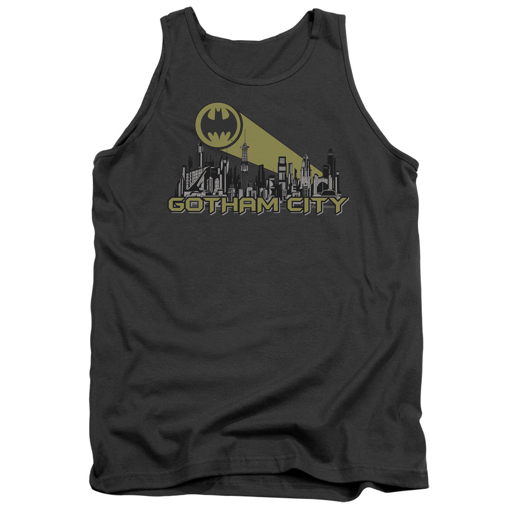 AN OFFCIALLY LICENSED BATMAN GOTHAM SKYLINE ADULT UNISEX TANK TOP CHARCOAL