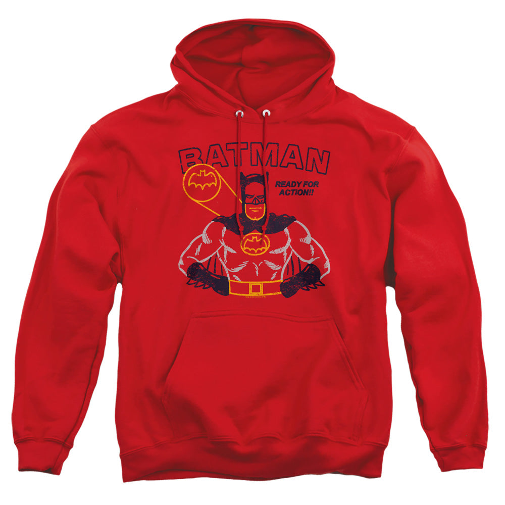 AN OFFCIALLY LICENSED BATMAN READY FOR ACTION ADULT UNISEX PULLOVER HOODIE RED