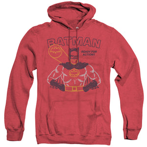 AN OFFCIALLY LICENSED BATMAN READY FOR ACTION ADULT UNISEX HEATHER PULLOVER HOODIE RED