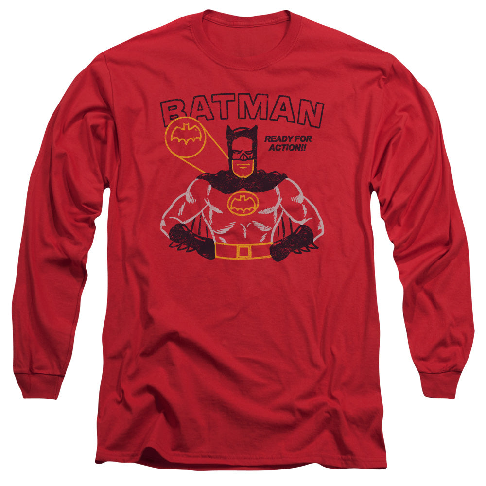 AN OFFCIALLY LICENSED BATMAN READY FOR ACTION MEN'S LONG SLEEVE T-SHIRT RED