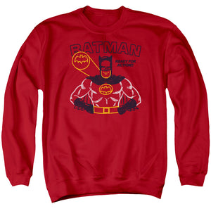AN OFFCIALLY LICENSED BATMAN READY FOR ACTION ADULT UNISEX CREWNECK SWEATSHIRT RED
