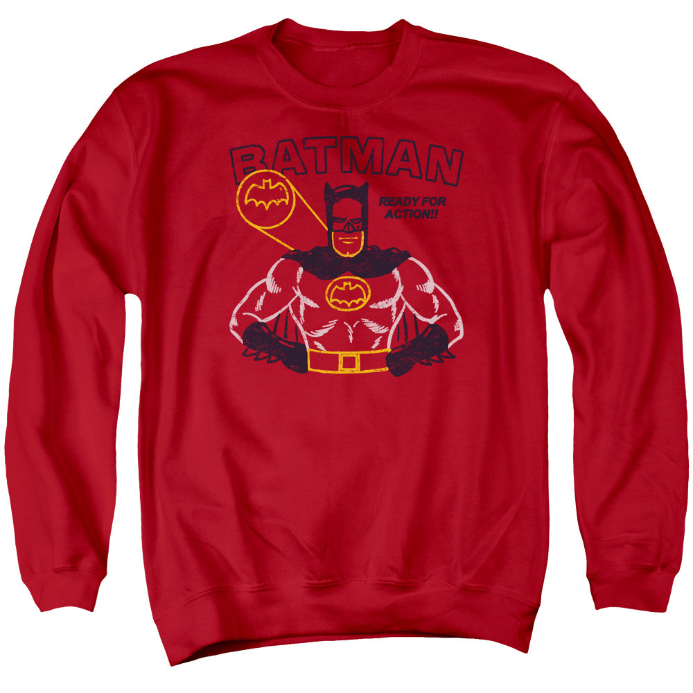 AN OFFCIALLY LICENSED BATMAN READY FOR ACTION ADULT UNISEX CREWNECK SWEATSHIRT RED