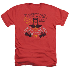 AN OFFCIALLY LICENSED BATMAN READY FOR ACTION MEN'S HEATHER T-SHIRT RED