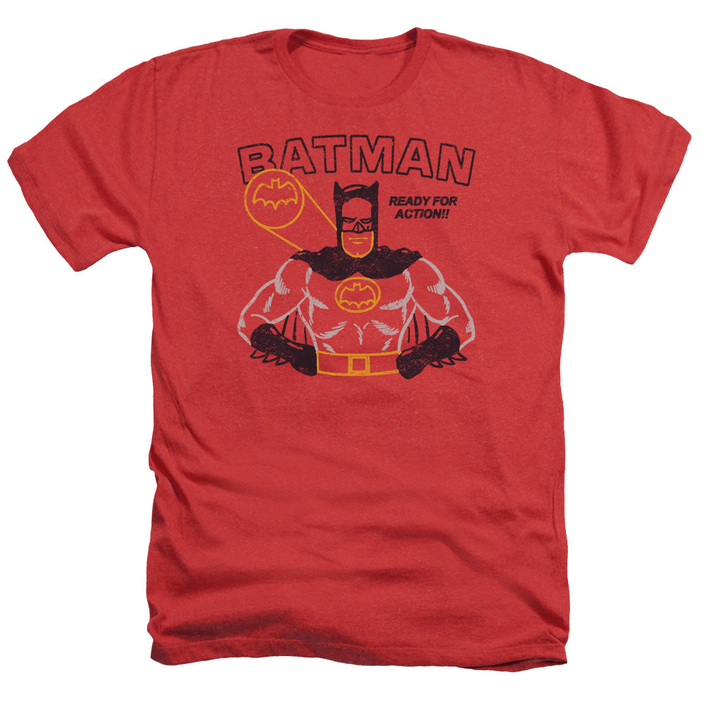 AN OFFCIALLY LICENSED BATMAN READY FOR ACTION MEN'S HEATHER T-SHIRT RED