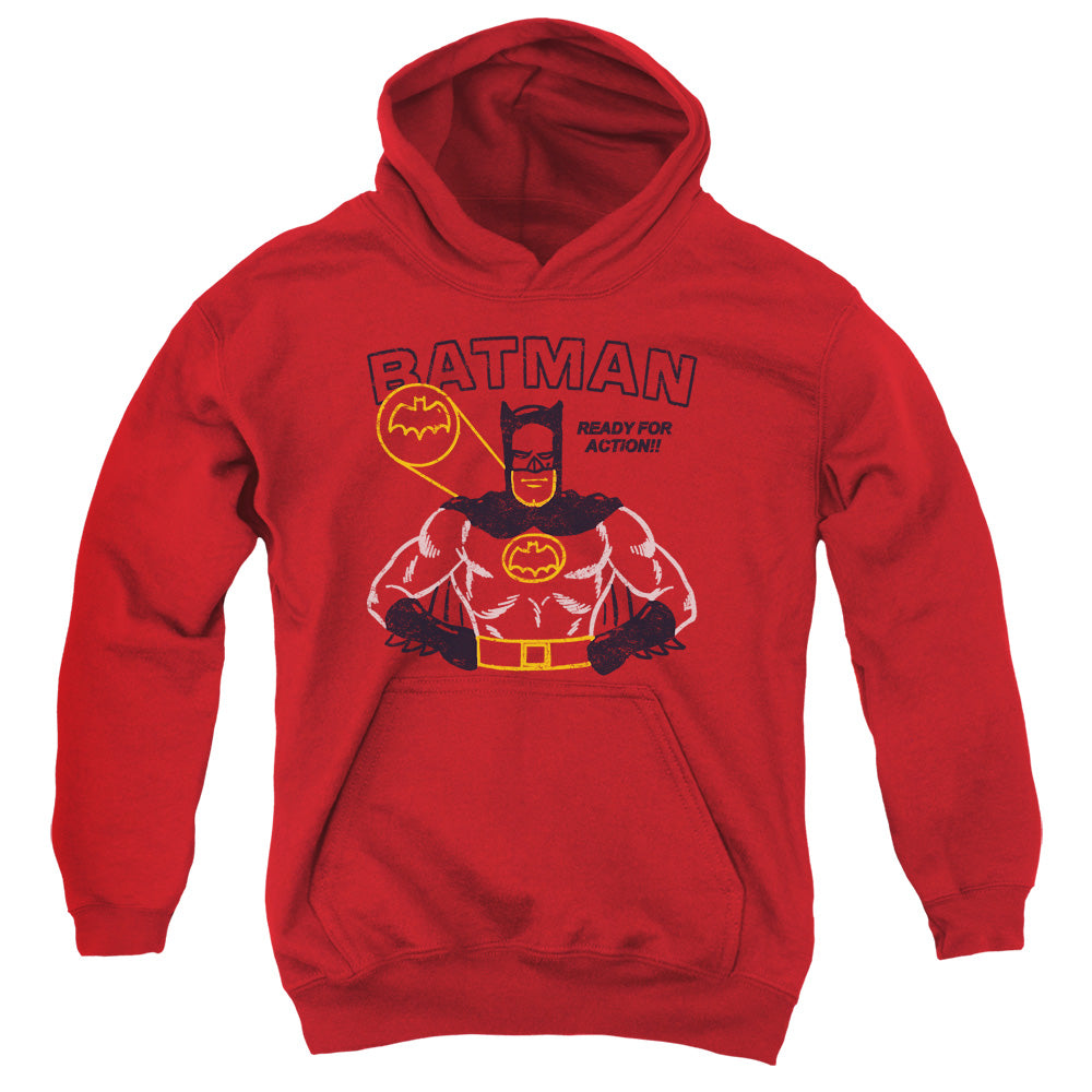 AN OFFCIALLY LICENSED BATMAN READY FOR ACTION YOUTH HOODIE RED