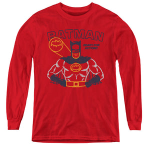 AN OFFCIALLY LICENSED BATMAN READY FOR ACTION YOUTH LONG SLEEVE T-SHIRT RED