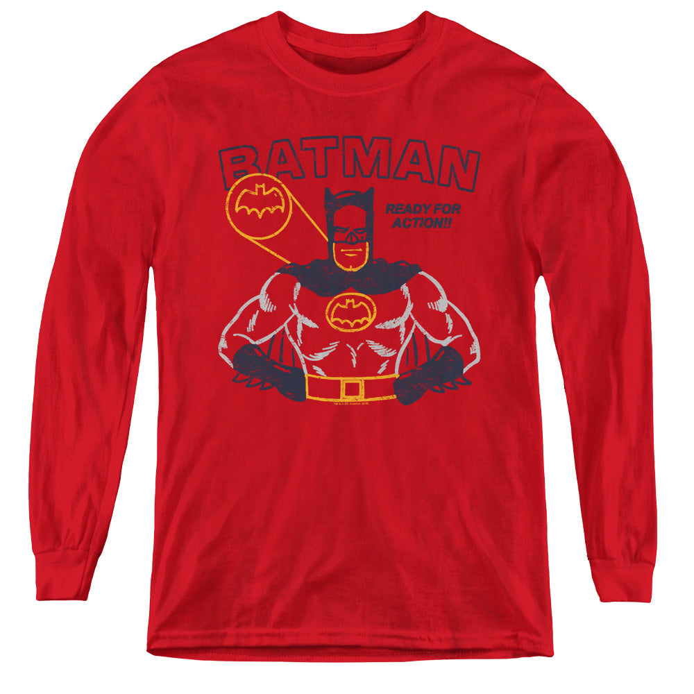 AN OFFCIALLY LICENSED BATMAN READY FOR ACTION YOUTH LONG SLEEVE T-SHIRT RED