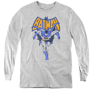 AN OFFCIALLY LICENSED BATMAN VINTAGE RUN YOUTH LONG SLEEVE T-SHIRT ATHLETIC HEATHER
