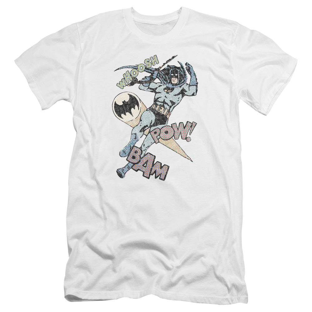 AN OFFCIALLY LICENSED BATMAN HALFTONE SWING MEN'S PREMIUM SLIM FIT T-SHIRT WHITE