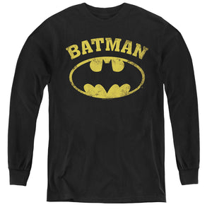 AN OFFCIALLY LICENSED BATMAN OVER SYMBOL YOUTH LONG SLEEVE T-SHIRT BLACK