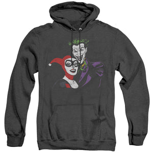 AN OFFCIALLY LICENSED BATMAN JOKER & HARLEY ADULT UNISEX HEATHER PULLOVER HOODIE BLACK