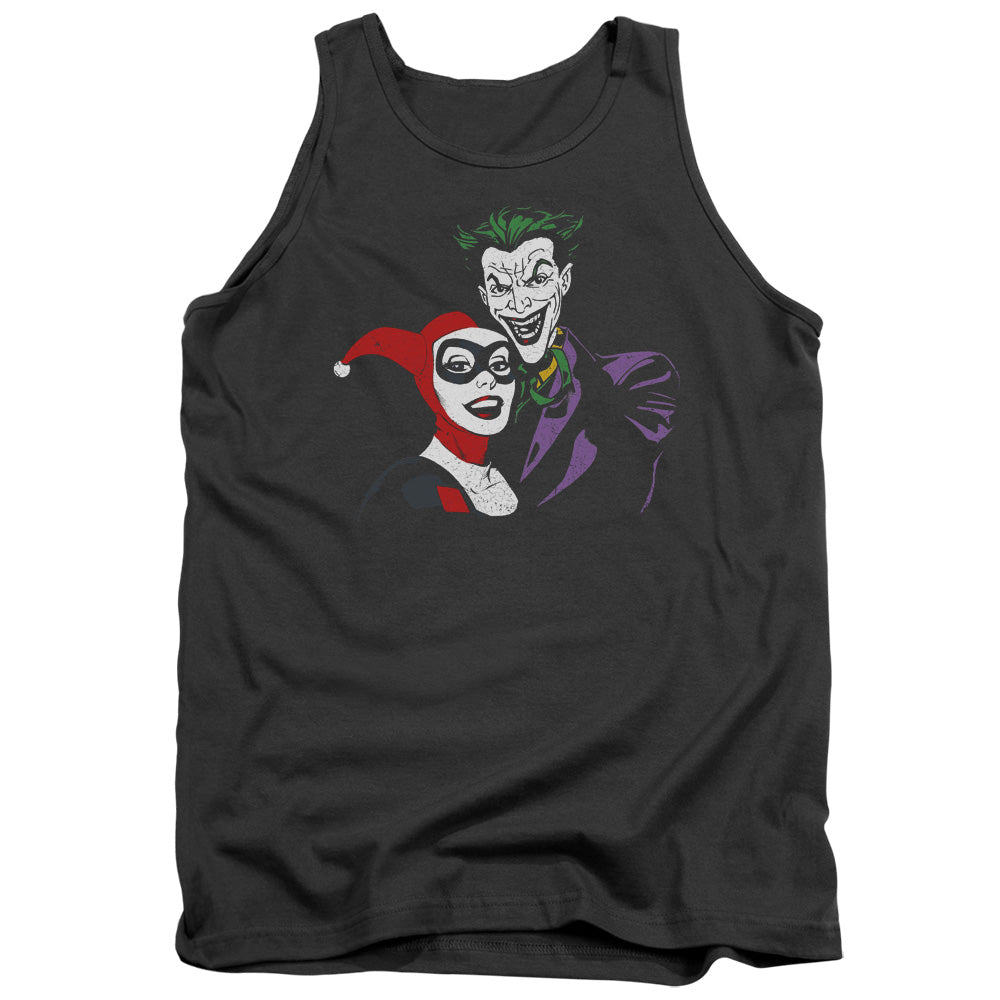 AN OFFCIALLY LICENSED BATMAN JOKER & HARLEY ADULT UNISEX TANK TOP CHARCOAL