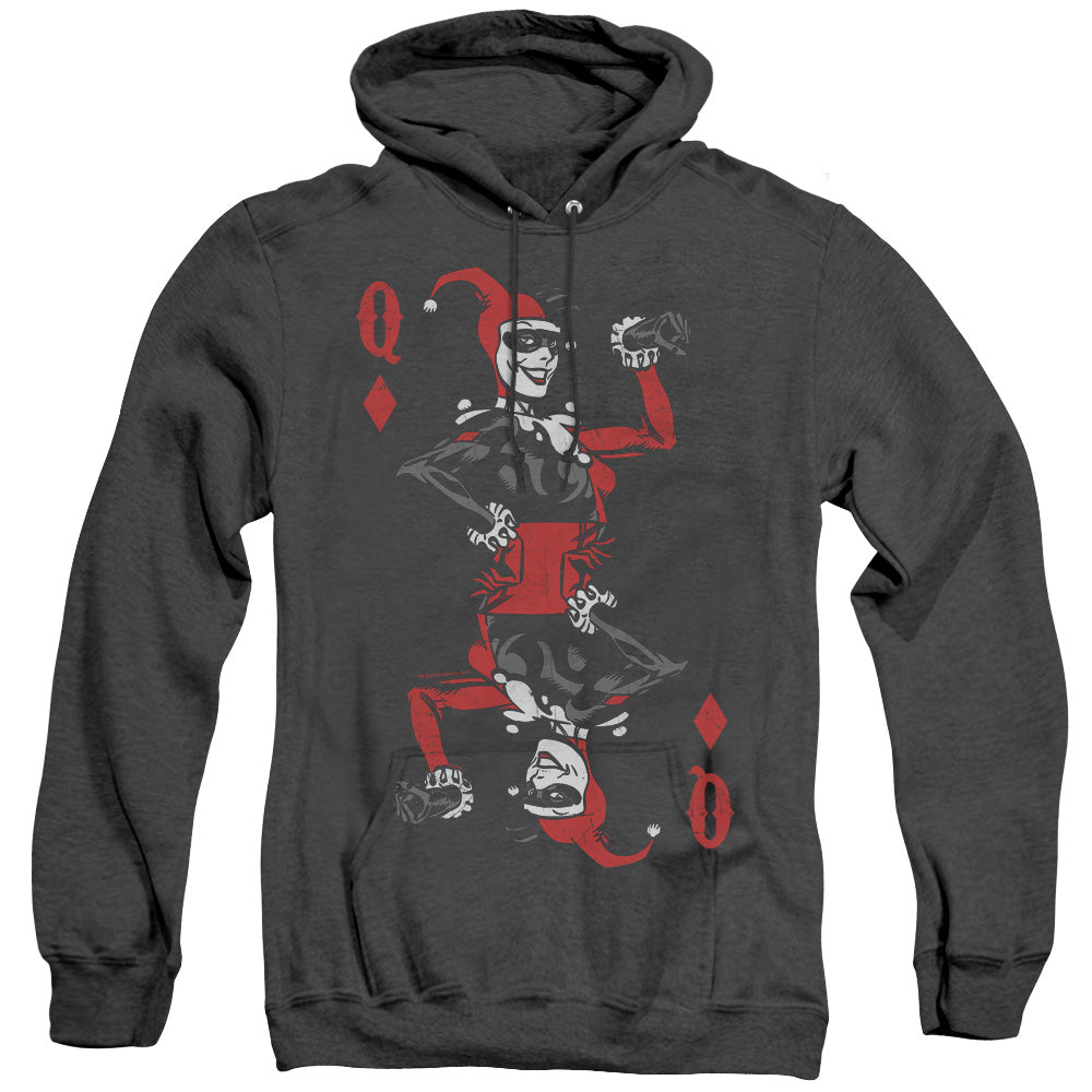 AN OFFCIALLY LICENSED BATMAN QUINN OF DIAMONDS ADULT UNISEX HEATHER PULLOVER HOODIE BLACK