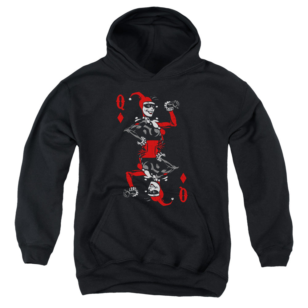 AN OFFCIALLY LICENSED BATMAN QUINN OF DIAMONDS YOUTH HOODIE BLACK