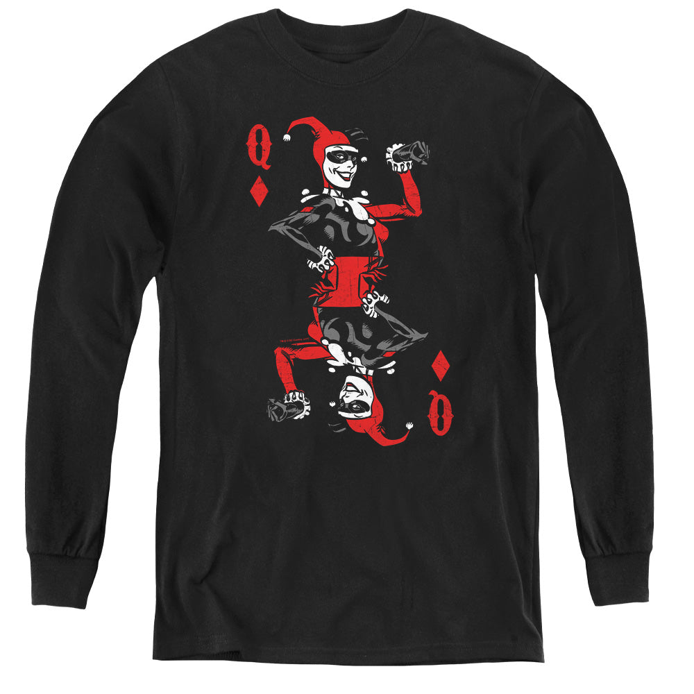 AN OFFCIALLY LICENSED BATMAN QUINN OF DIAMONDS YOUTH LONG SLEEVE T-SHIRT BLACK