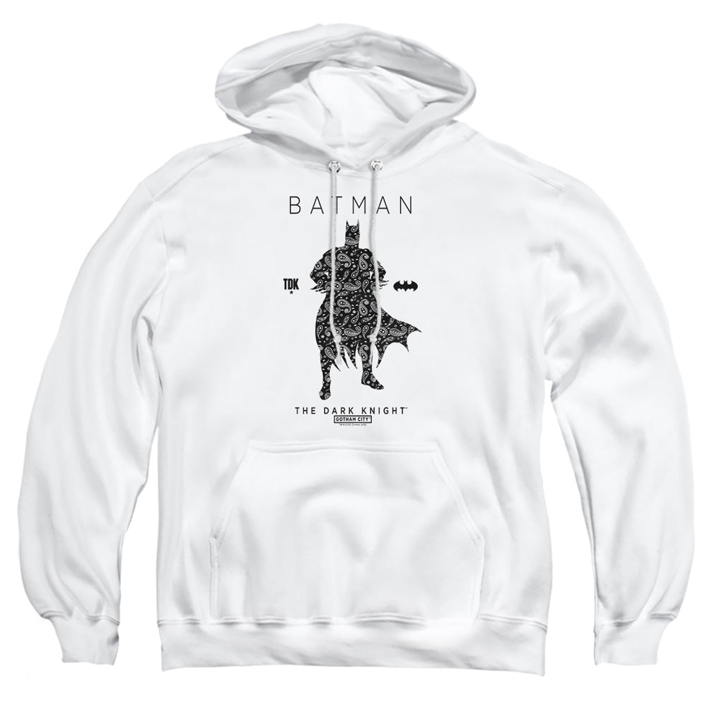 AN OFFCIALLY LICENSED BATMAN PAISLETY SILHOUETTE ADULT UNISEX PULLOVER HOODIE WHITE