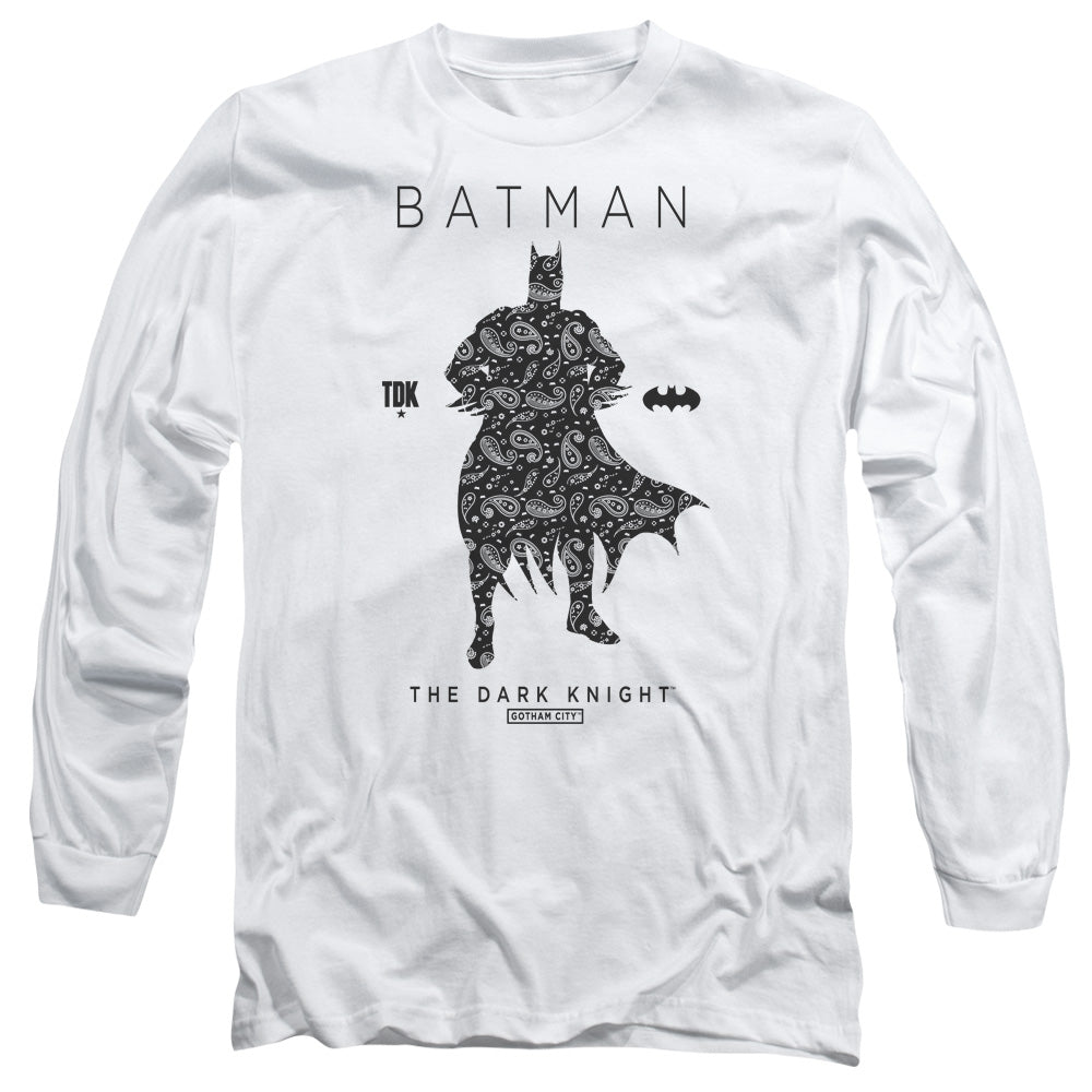 AN OFFCIALLY LICENSED BATMAN PAISLETY SILHOUETTE MEN'S LONG SLEEVE T-SHIRT WHITE