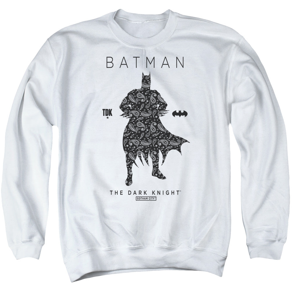 AN OFFCIALLY LICENSED BATMAN PAISLETY SILHOUETTE ADULT UNISEX CREWNECK SWEATSHIRT WHITE