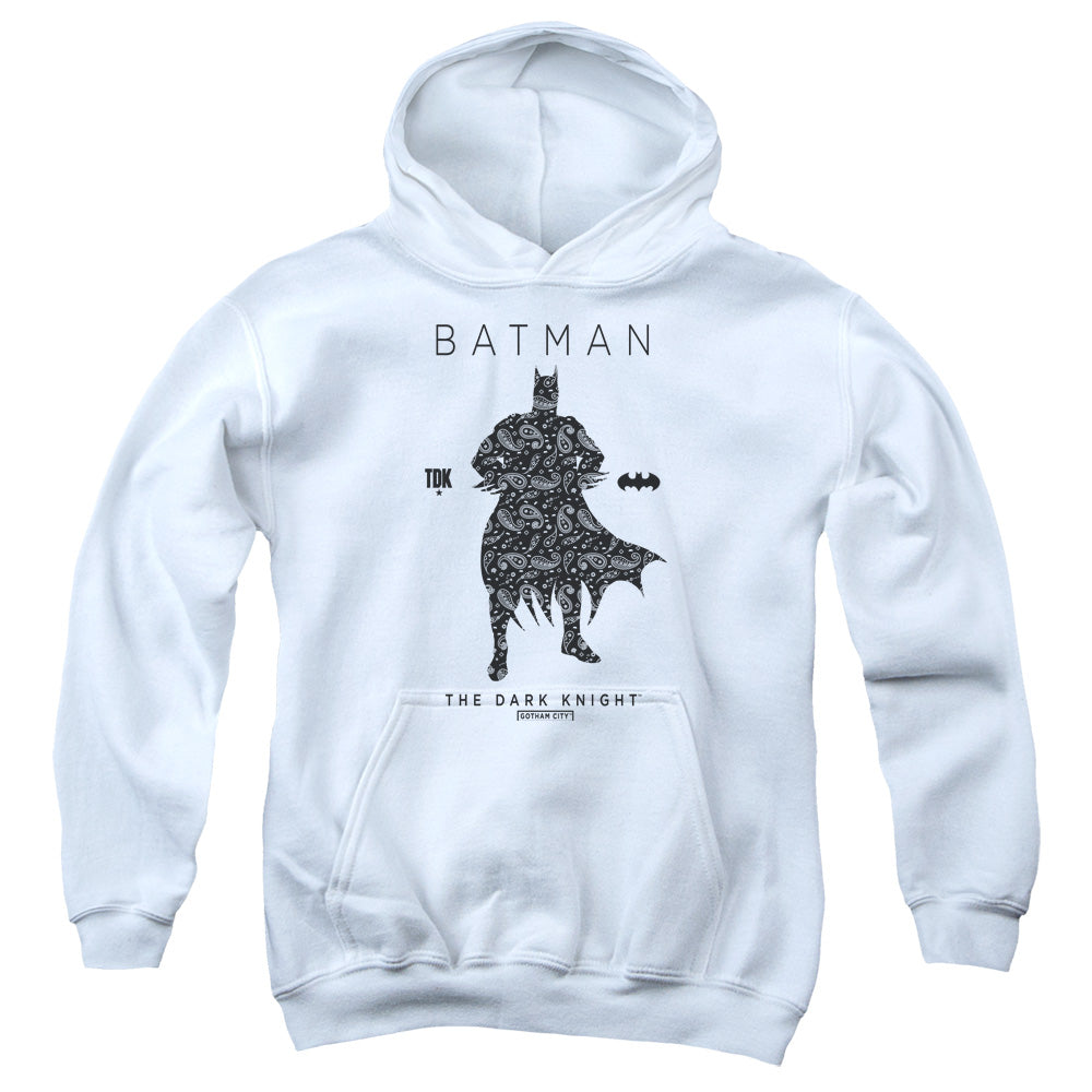 AN OFFCIALLY LICENSED BATMAN PAISLETY SILHOUETTE YOUTH HOODIE WHITE