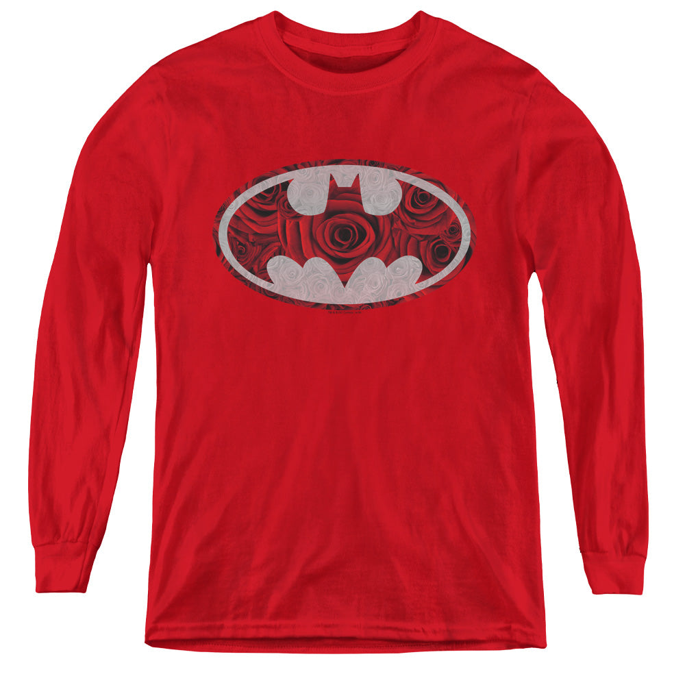 AN OFFCIALLY LICENSED BATMAN ROSEY SIGNAL YOUTH LONG SLEEVE T-SHIRT RED