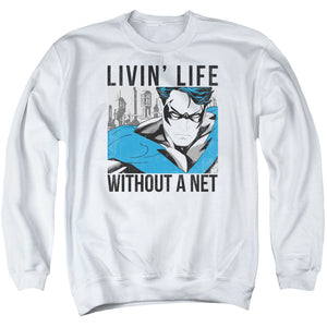 AN OFFCIALLY LICENSED BATMAN WITHOUT A NET ADULT UNISEX CREWNECK SWEATSHIRT WHITE