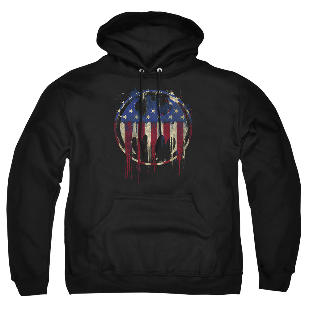 AN OFFCIALLY LICENSED BATMAN BLEEDING SIGNAL ADULT UNISEX PULLOVER HOODIE BLACK