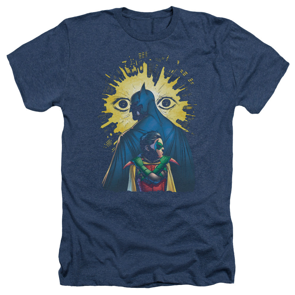 AN OFFCIALLY LICENSED BATMAN WATCHERS MEN'S HEATHER T-SHIRT NAVY