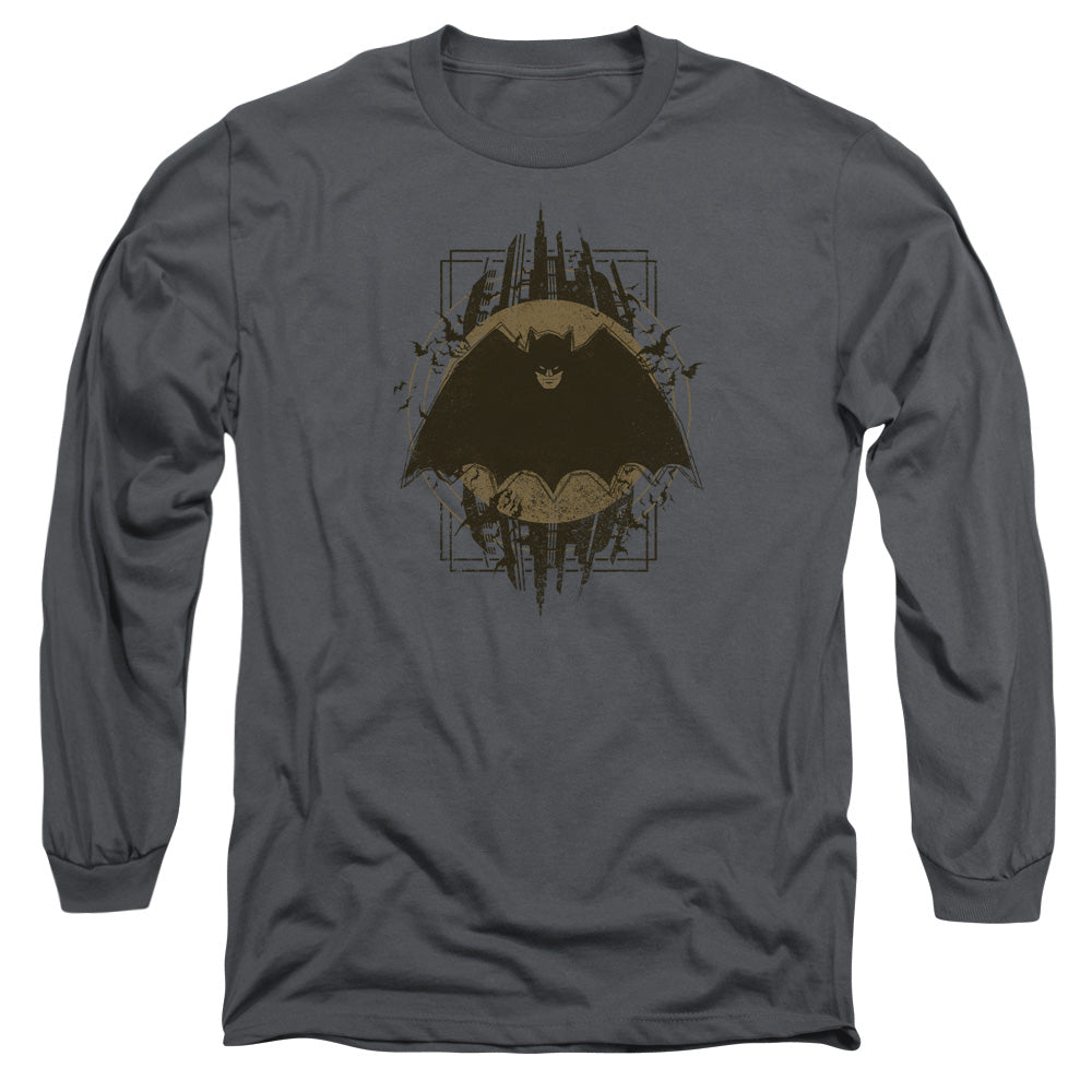 AN OFFCIALLY LICENSED BATMAN BATMAN CREST MEN'S LONG SLEEVE T-SHIRT CHARCOAL