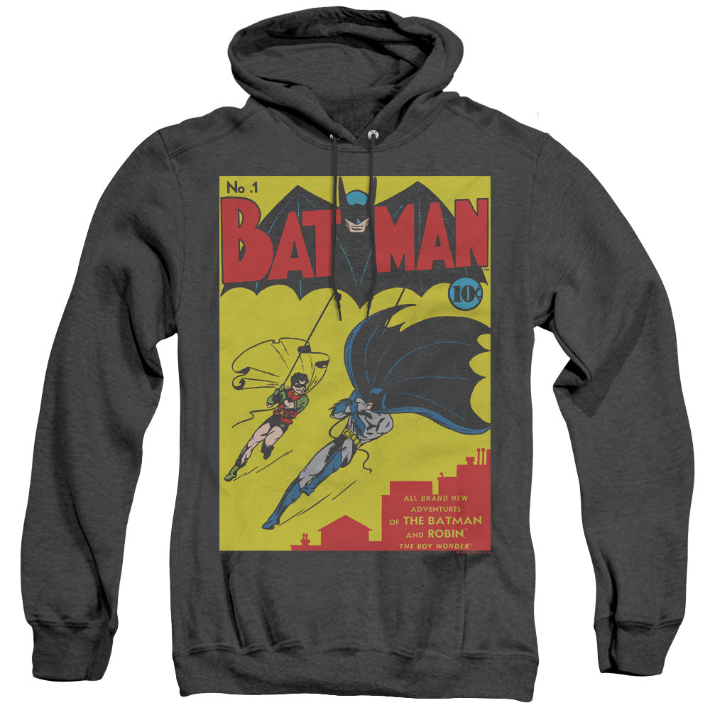 AN OFFCIALLY LICENSED BATMAN BATMAN FIRST ADULT UNISEX HEATHER PULLOVER HOODIE BLACK