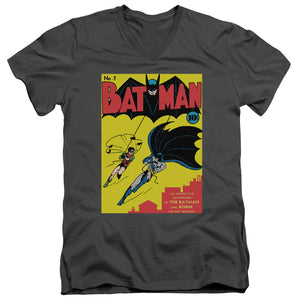 AN OFFCIALLY LICENSED BATMAN BATMAN FIRST MEN'S V-NECK T-SHIRT CHARCOAL