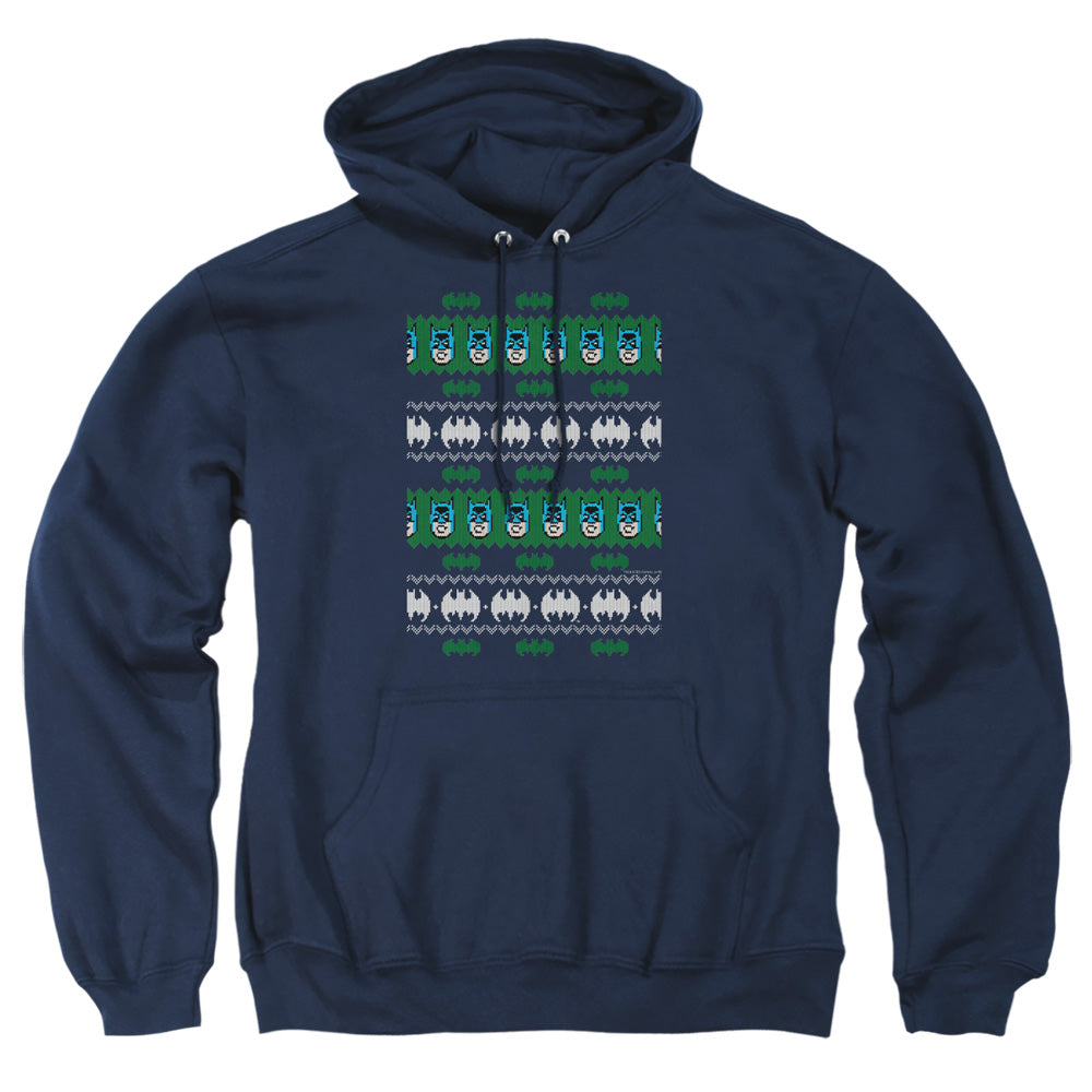 AN OFFCIALLY LICENSED BATMAN BATMAN CHRISTMAS SWEATER ADULT UNISEX PULLOVER HOODIE NAVY