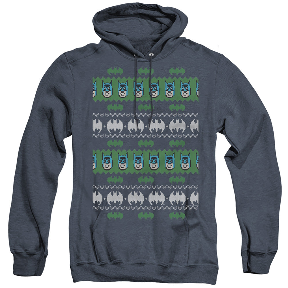AN OFFCIALLY LICENSED BATMAN BATMAN CHRISTMAS SWEATER ADULT UNISEX HEATHER PULLOVER HOODIE NAVY