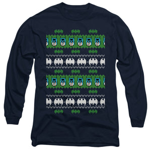 AN OFFCIALLY LICENSED BATMAN BATMAN CHRISTMAS SWEATER MEN'S LONG SLEEVE T-SHIRT NAVY