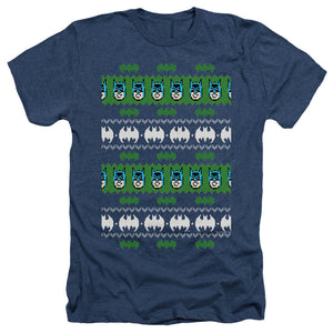 AN OFFCIALLY LICENSED BATMAN BATMAN CHRISTMAS SWEATER MEN'S HEATHER T-SHIRT NAVY