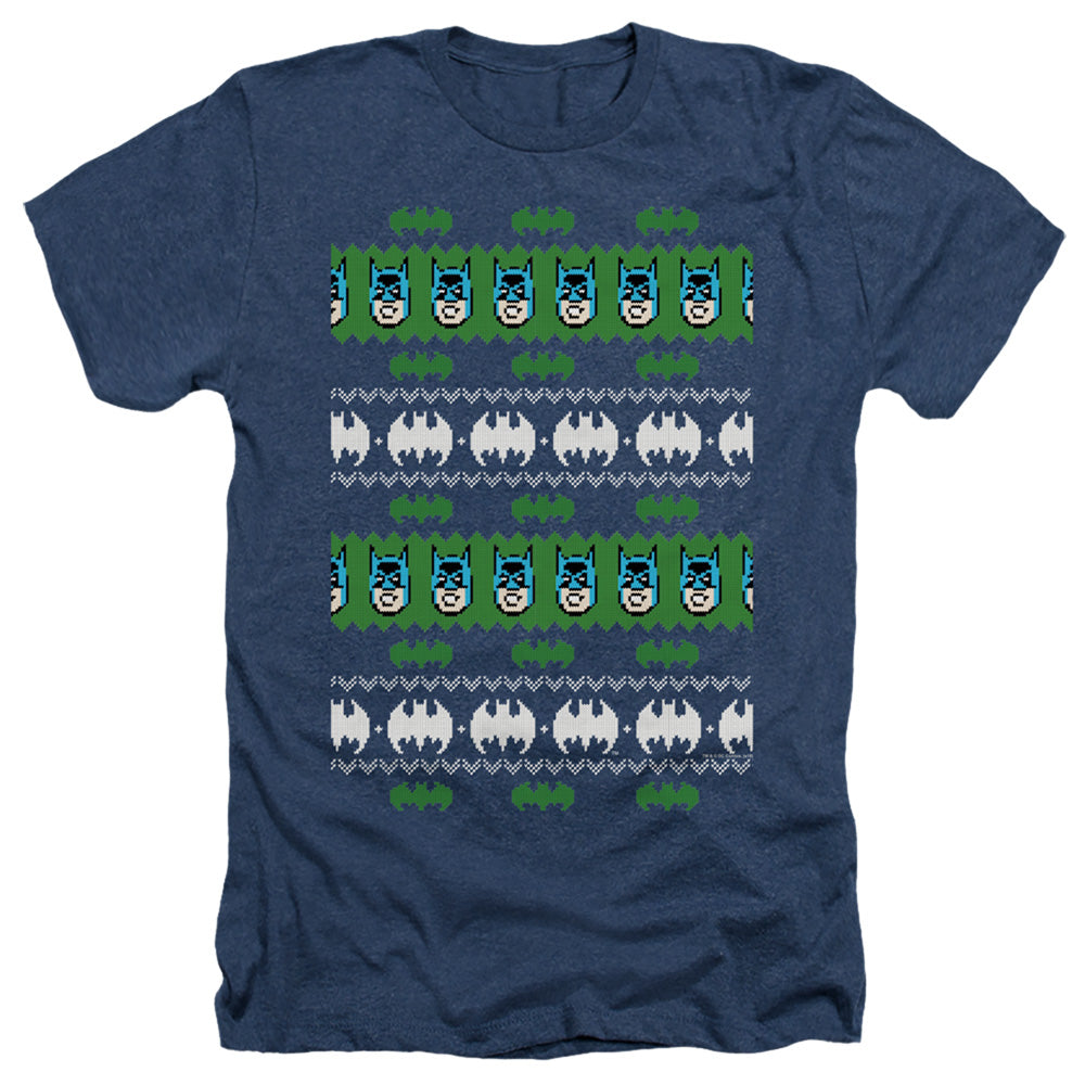 AN OFFCIALLY LICENSED BATMAN BATMAN CHRISTMAS SWEATER MEN'S HEATHER T-SHIRT NAVY