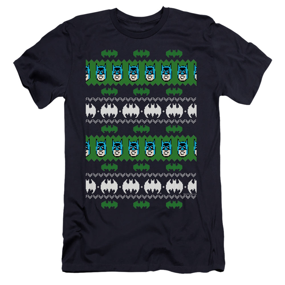 AN OFFCIALLY LICENSED BATMAN BATMAN CHRISTMAS SWEATER MEN'S PREMIUM SLIM FIT T-SHIRT NAVY