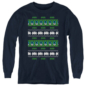 AN OFFCIALLY LICENSED BATMAN BATMAN CHRISTMAS SWEATER YOUTH LONG SLEEVE T-SHIRT NAVY