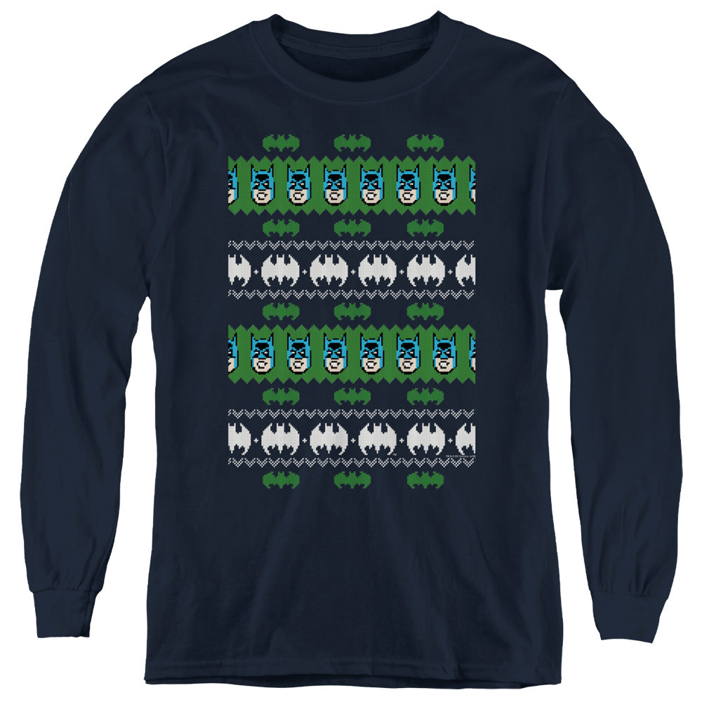 AN OFFCIALLY LICENSED BATMAN BATMAN CHRISTMAS SWEATER YOUTH LONG SLEEVE T-SHIRT NAVY