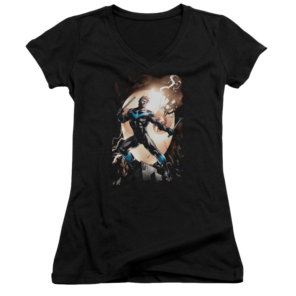 Batman Nightwing Against Owls Licensed Women's T-Shirt Juniors V-Neck SM