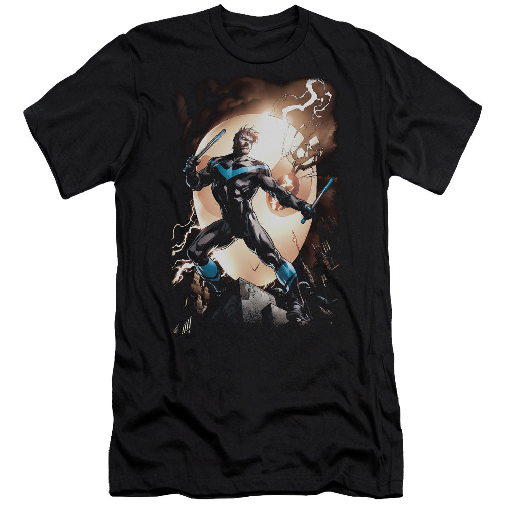 AN OFFCIALLY LICENSED BATMAN NIGHTWING AGAINST OWLS MEN'S PREMIUM SLIM FIT T-SHIRT BLACK
