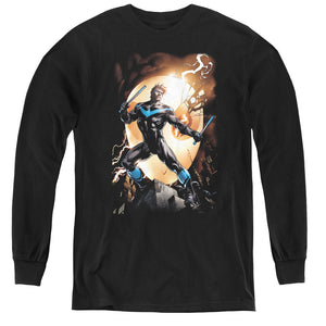 AN OFFCIALLY LICENSED BATMAN NIGHTWING AGAINST OWLS YOUTH LONG SLEEVE T-SHIRT BLACK
