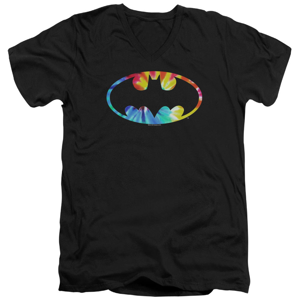 AN OFFCIALLY LICENSED BATMAN TIE DYE BATMAN LOGO MEN'S V-NECK T-SHIRT BLACK
