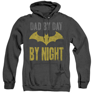 AN OFFCIALLY LICENSED BATMAN DAD BY DAY ADULT UNISEX HEATHER PULLOVER HOODIE BLACK